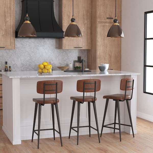 Butler Specialty Company Saddle 26 in. Seat Height Brown Metal and Leather Counter Stool with Back