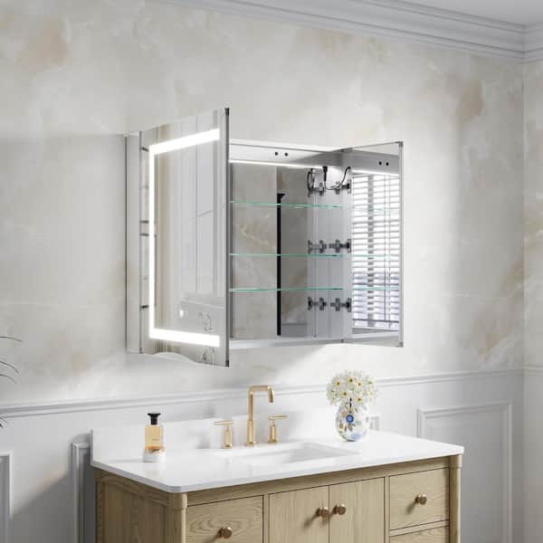 36 in. W x 30 in. H Rectangular Recessed/Surface LED Mirror Cabinet with Mirror Light Defogger,Dimmer,Outlets,USB Ports