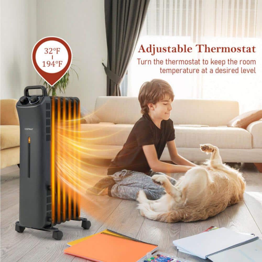 Black 1500W Oil Filled Space Heater with Thermostat and Automatic Shut-off