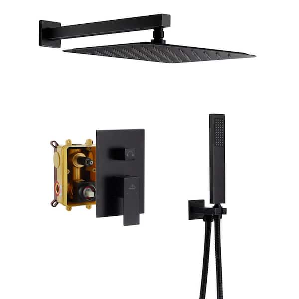 2-Spray 10 in. Square Wall Mount Dual Shower Heads with Hand Shower Faucet 2.5 GPM in Black (Valve Included)