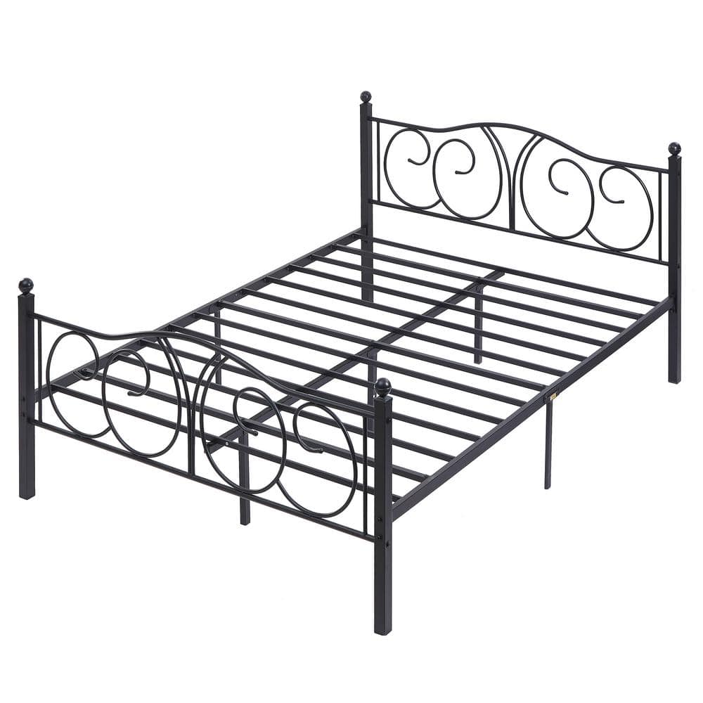 Victorian Black Metal Queen Platform Bed Frame with Headboard and Footboard