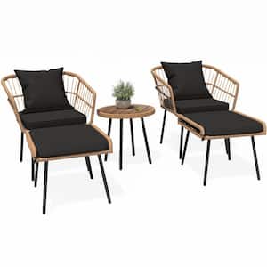 5-Piece Wicker Patio Outdoor Bistro Conversation Set, All-Weather with Footrest Ottomans Coffee Table Black Cushions