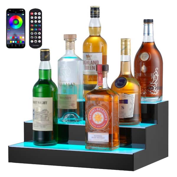 LED Lighted Liquor Bottle Display, 3 Tiers 16 In. Home Bar Shelf, 3 Steps Whiskey Rack Stand, Multicolor lighting