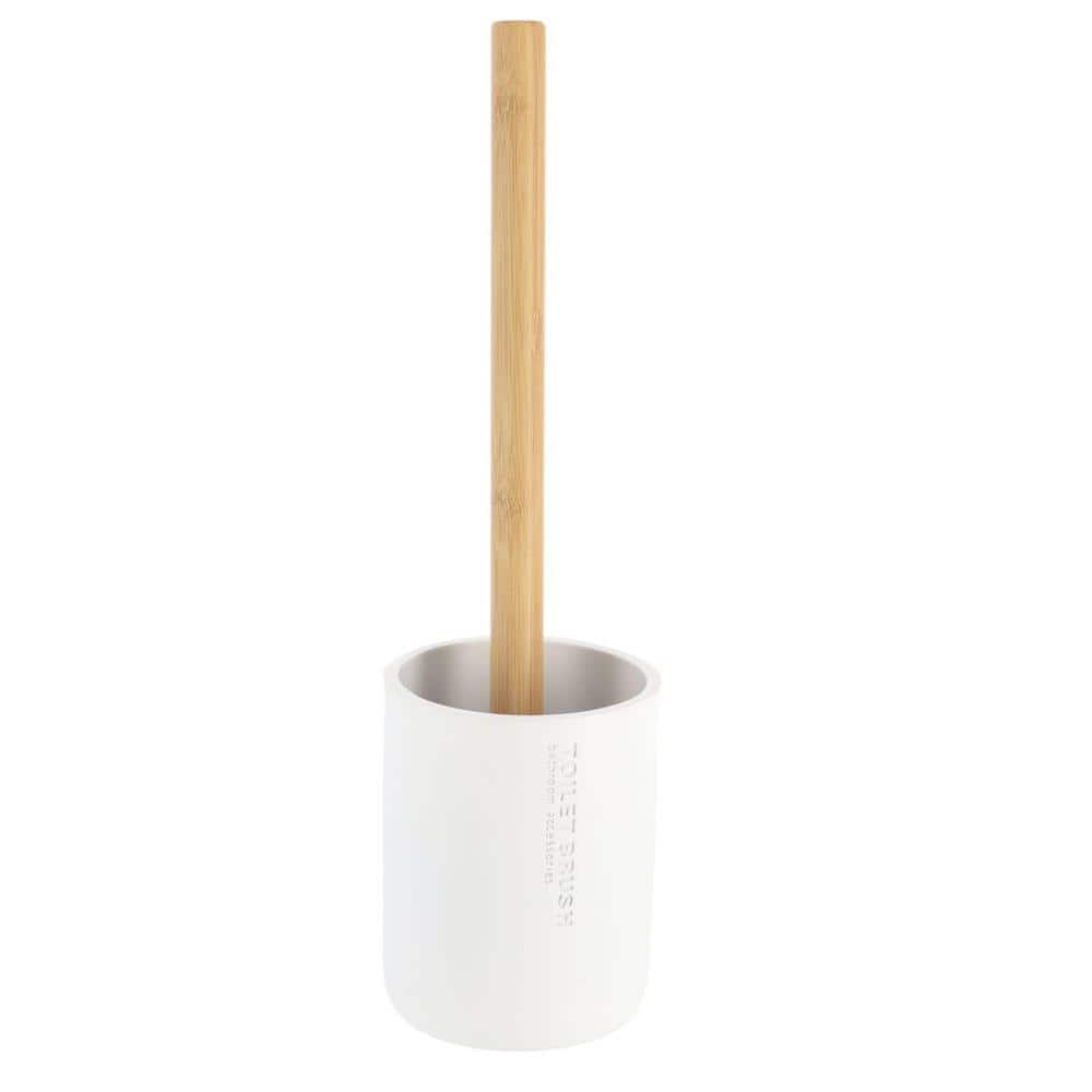 White Polyresin Toilet Brush Set with Bamboo Handle