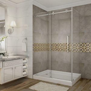 Moselle 48 in. x 77-1/2 in. Frameless Sliding Shower Door Enclosure in Stainless Steel with Left Drain Base