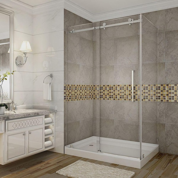 Aston Moselle 48 in. x 77-1/2 in. Frameless Sliding Shower Door Enclosure in Stainless Steel with Left Drain Base