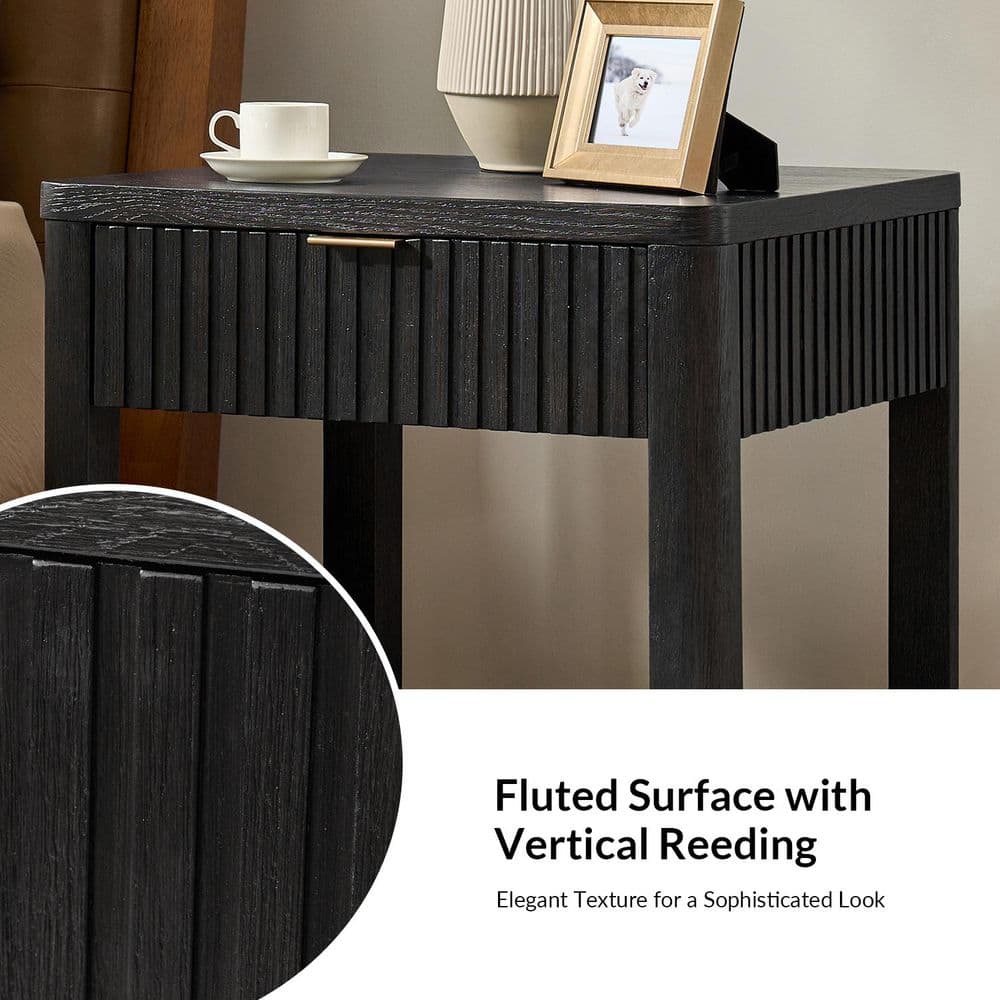 Yoshua 23.75 in. Black Rectangle Wood End Table with Fluted Surface - thumbnail 3