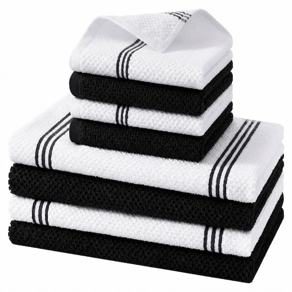 Black Rice Grain and Stripe 100% Cotton Kitchen Towels and Dishcloths Set of 8, 12 in. x 12 in. and 16 in. x 26 in.