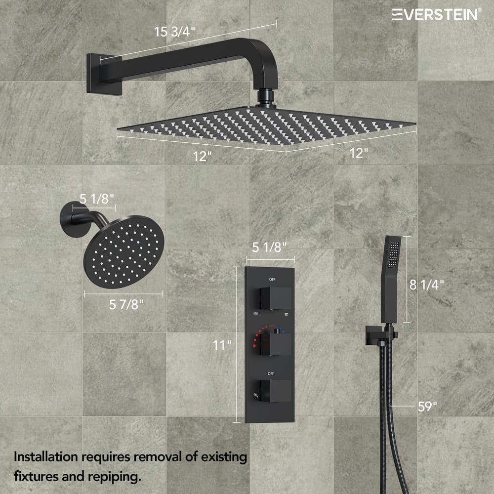 Matte Black 12" Dual Shower Head System with Handheld Spray