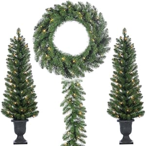4 ft. Pre-Lit Vancouver Pine Potted Trees with Battery Operated Wreath and Garland (4-Piece Set)