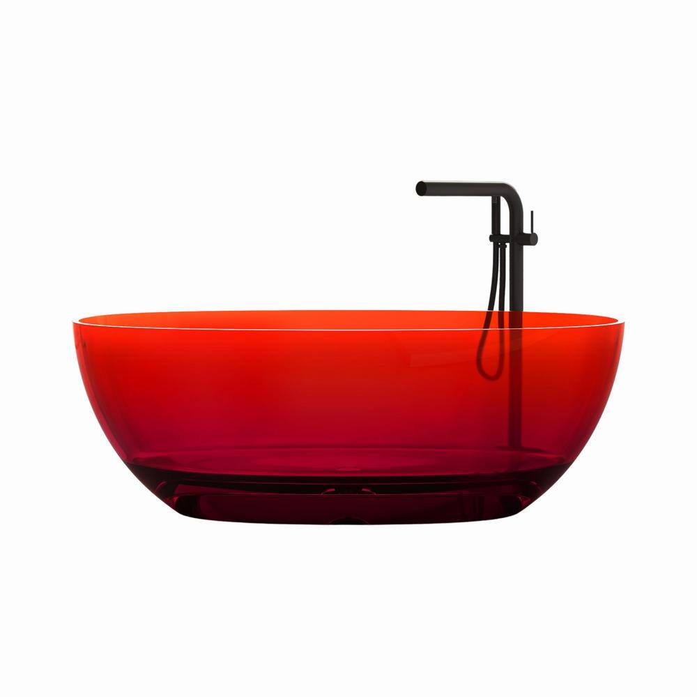 59" Pure Resin Red Freestanding Soaking Bathtub with Polished Chrome Drain