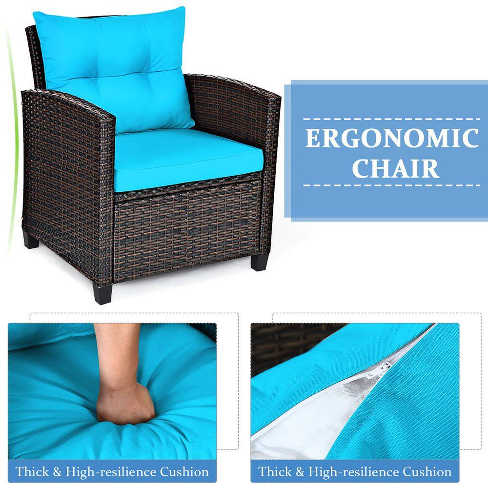 Turquoise Cushioned Rattan 3-Piece Patio Conversation Set