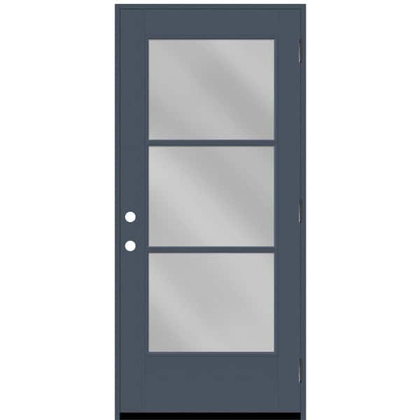 Steves & Sons Legacy 32 in. x 80 in. Icon 3-Lite Modern Clear Glass LHOS Dark Denim Fiberglass Prehung Front Door