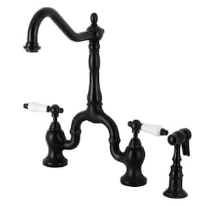English Country Double Handle Deck Mount Bridge Kitchen Faucet with Brass Sprayer in Matte Black