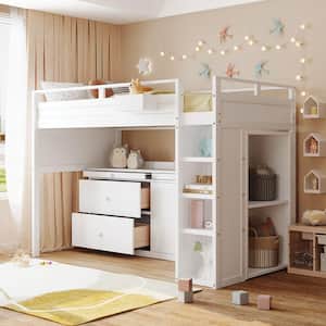 White Multifunctional Twin Size Wood Loft Bed with Rolling Cabinet, Desk, Side Storage Box, Storage Stairs, and Drawers