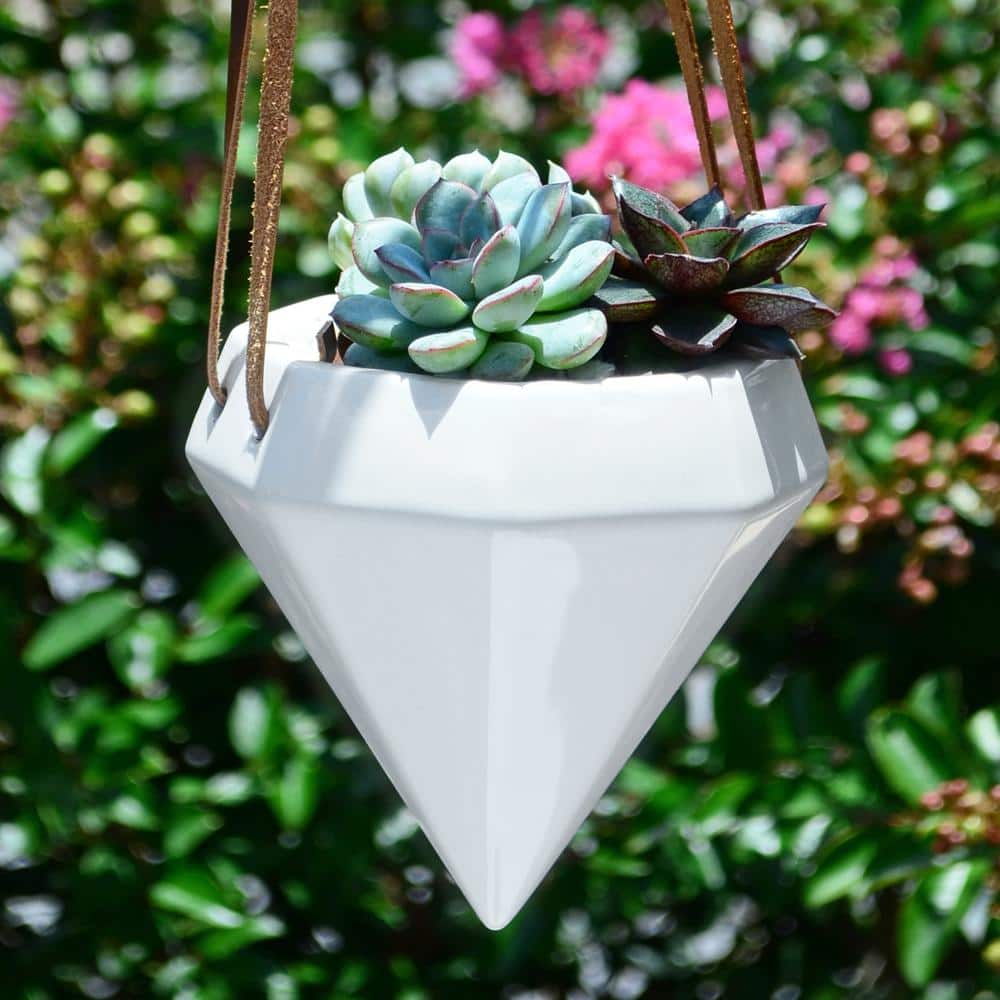 Gloss White Diamond Ceramic Hanging Planter with Leather Rope