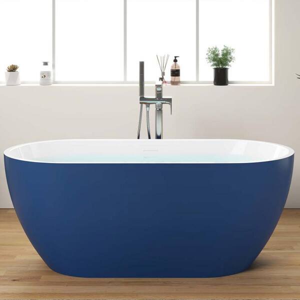 Modern bathroom with freestanding bathtub, modern taps and blue