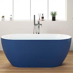 59 in. Acrylic Flatbottom Double Ended Bathtub Oval Contemporary Freestanding Soaking Bathtub in Blue