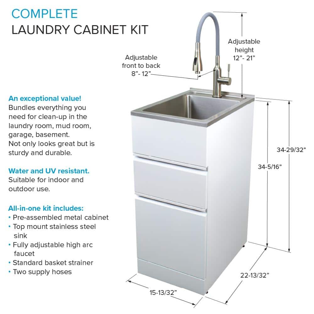 Gloss White Stainless Steel Single Basin Laundry Sink with Cabinet