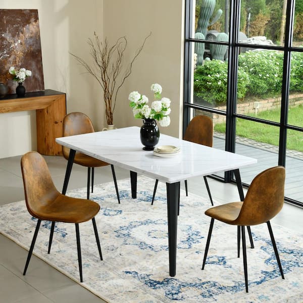 SC 5-Piece Modern Faux Marble MDF Top Dining Table Dining Set with Rustic Brown Suede Chairs (Seats 4)