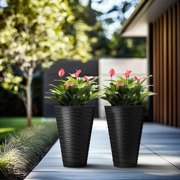 Morrava 18 in. High Medium Spiral Black Plastic Round Planter / Pot with Drainage Holes (Set of 2)
