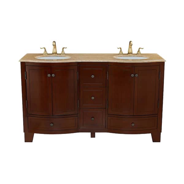 Cheswick 60 in. W x 22 in. D x 36 in. H Double Sink Freestanding Antique Cherry with Marble Vanity Top in Travertine