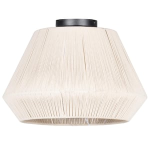 Lanier 19 in. W x 9.50 in. H 1-Light Black Semi-Flush Mount with Cream Textile Thread Dome Shade and Wood Canopy