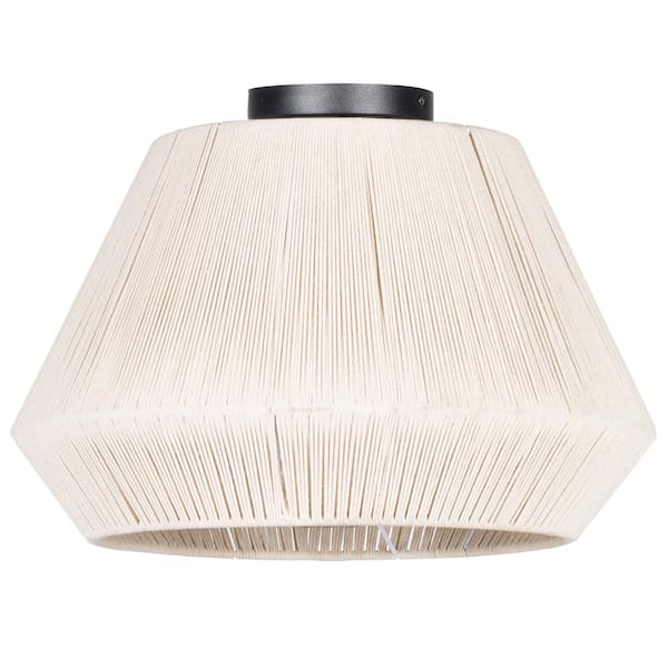 Eglo Lanier 19 in. W x 9.50 in. H 1-Light Black Semi-Flush Mount with Cream Textile Thread Dome Shade and Wood Canopy
