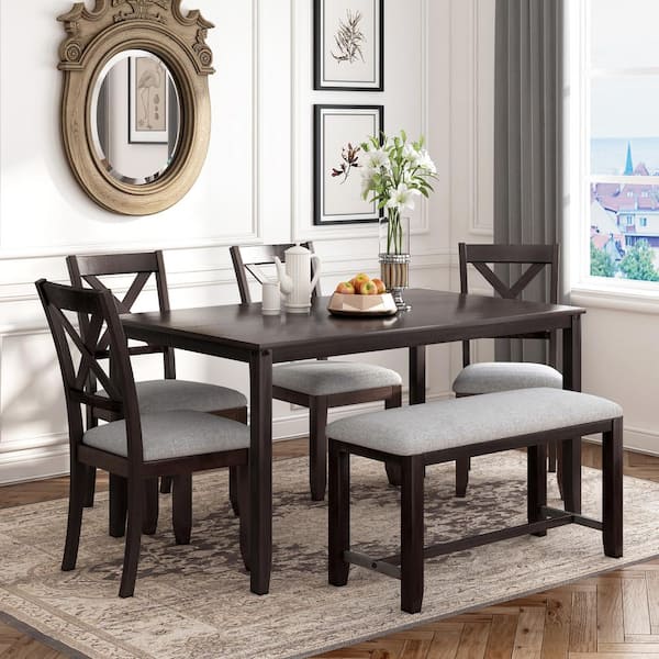 Wood Top Espresso Dining Table Set, Dining Room Set With Chairs And Bench