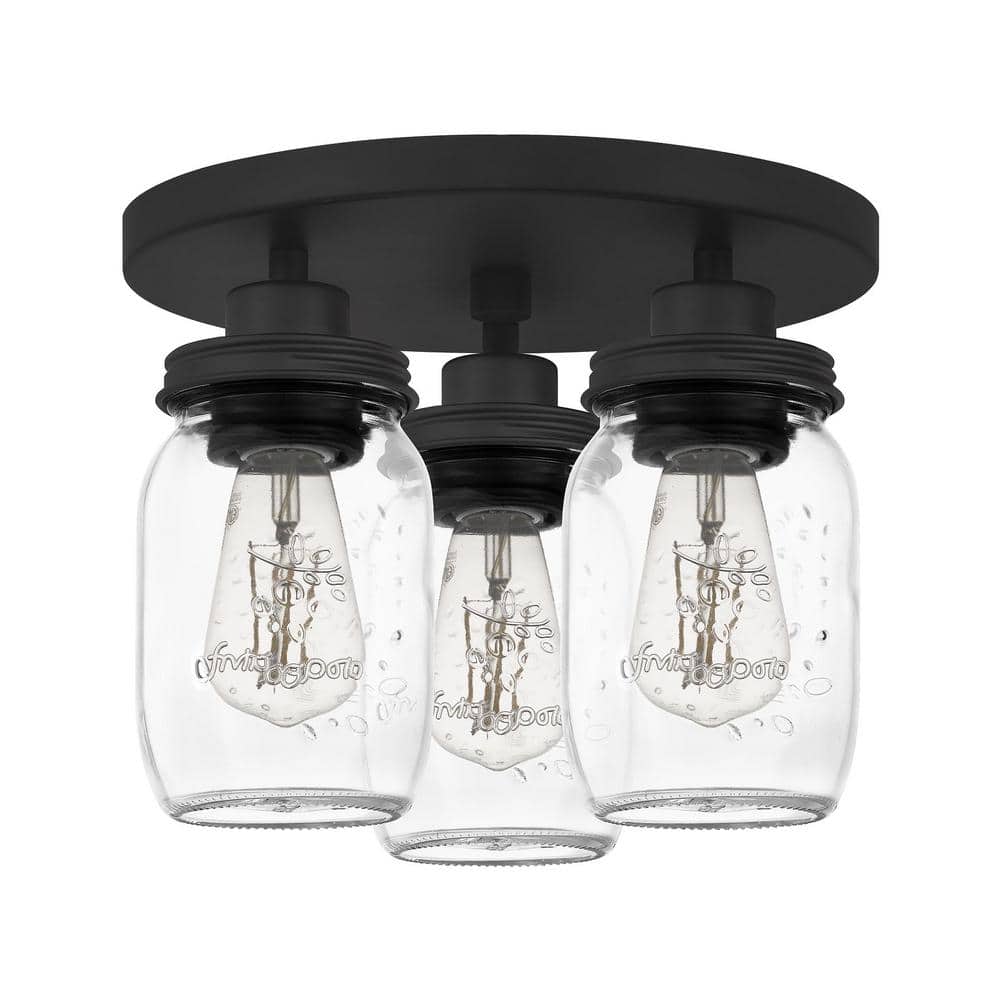 11 in. 3-Light Matte Black Flush Mount with Mason Jar Style Glass Shades