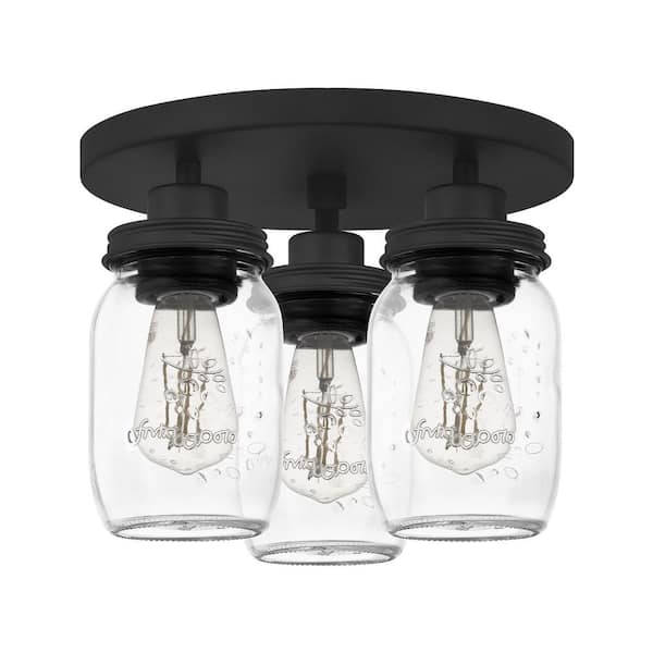 DSI LIGHTING 11 in. 3-Light Matte Black Flush Mount with Mason Jar Style Glass Shades