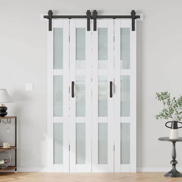 48 in. x 84 in. 3/4 Lite Frosted Glass Solid Core MDF White PVC Bi-fold Door with Hardware