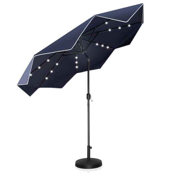 PHI VILLA 10 ft. Metal Market Solar Tilt Patio Umbrella with Lights and Falbala Design in Blue
