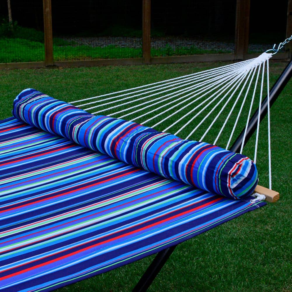 13' Blue and Green Striped Quilted Hammock with Pillow