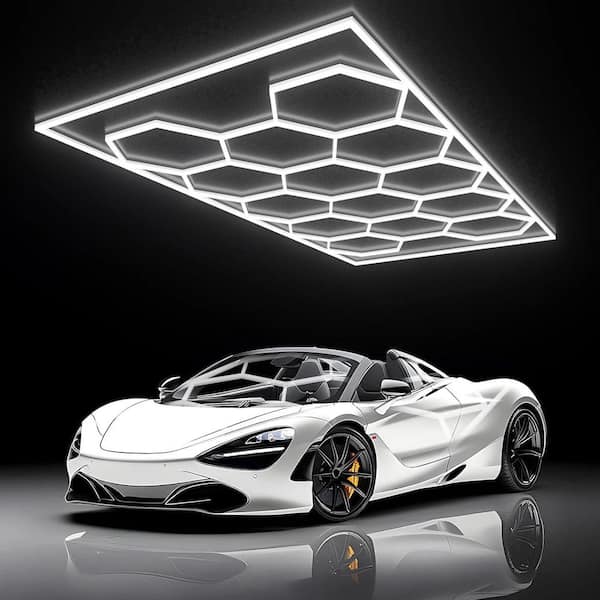 184 in. Hexagon Garage Lights 72000 Lumens 5000K 14-Grid Systems White Honeycomb Integrated LED Strip Light Fixture
