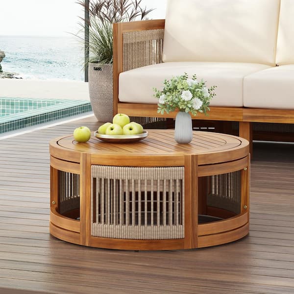 Aidan Boho Patio Round Solid Wood and Woven Rope Outdoor Coffee Table, Teak Finish