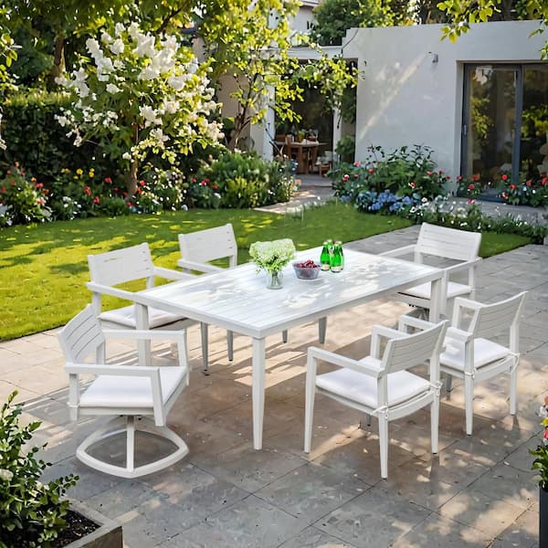DENISLAWN 7-Piece Aluminum Outdoor Dining Set, Patio Table Set with Swivel Rockers, White Sunbrella Cushions and Umbrella Hole