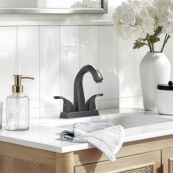 Modern 4 in. Centerset High-Arc Double-Handle Bathroom Faucet with Pop-up Drain Kit in Matte Black