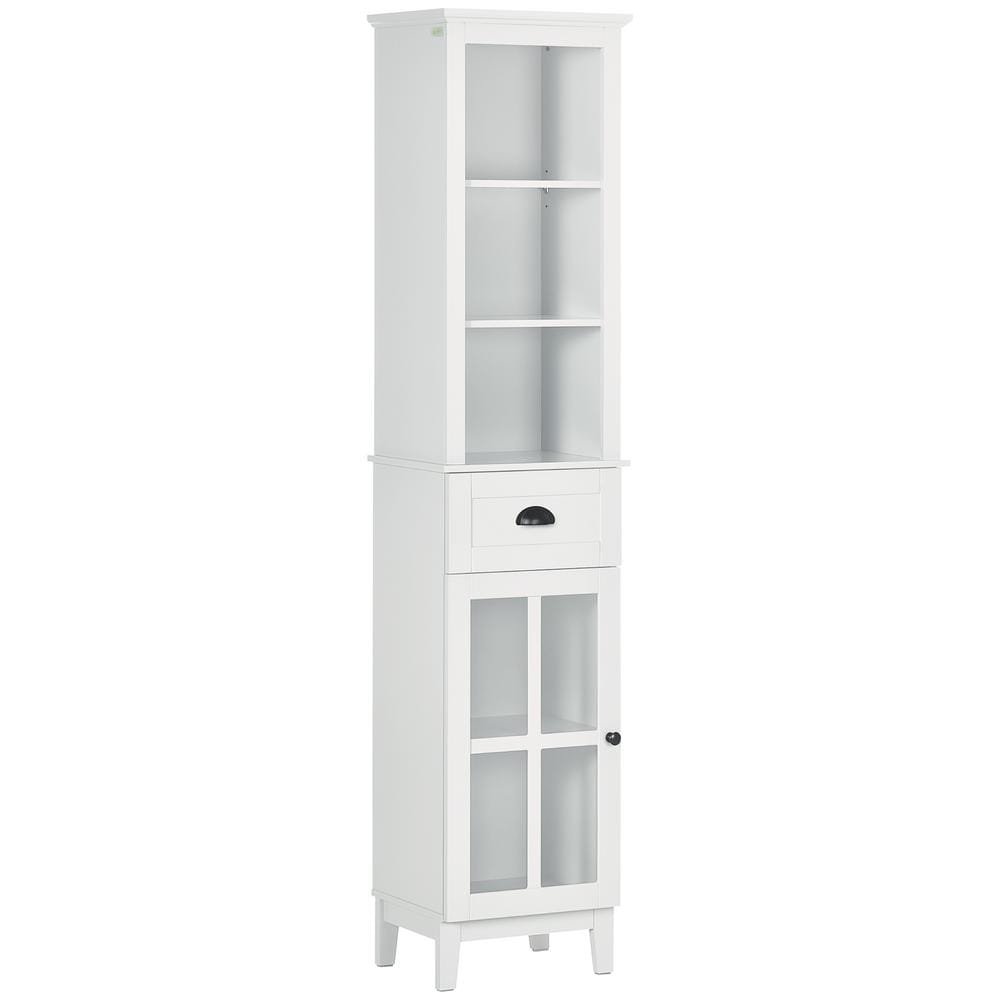 Kleankin Tall Linen Cabinet Organizer Bathroom Storage Cabinet W/ Door  Tower Cupboard Open Shelves Freestanding Furniture - White