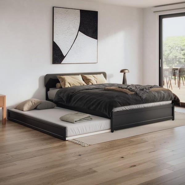 Capri Black Wood Frame Queen Platform Bed with Panel Footboard and Twin XL Trundle