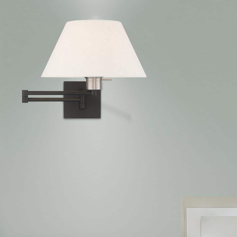 Classic Black Swing Arm Wall Lamp with Oatmeal Fabric Shade