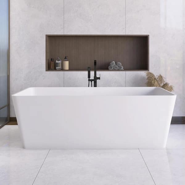 67 in. x 31.5 in. Solid Surface Freestanding Soaking Bathtub with Center Drain in Matte White