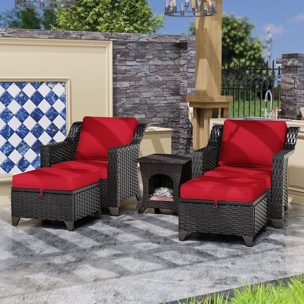JOYSIDE 5-Piece Wicker Outdoor Patio Conversation Set with Swivel Rocking Chair, Side table, Ottomans and Red Cushions