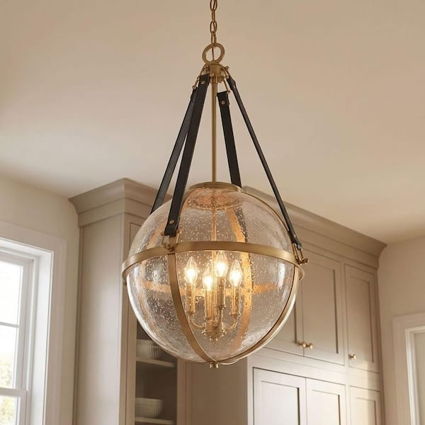 Bozeman 18 in. W x 32.5 in. H 4-Light Warm Brass Statement Pendant Light with Clear Seeded Glass Shade