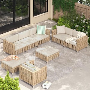 8-Piece Patio Wicker Boho Conversation Set with Cushions and Coffee Table, Beige