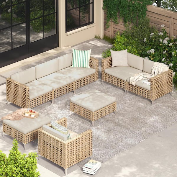 AECOJOY 8-Piece Patio Wicker Boho Conversation Set with Cushions and Coffee Table, Beige