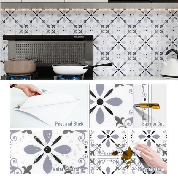 Vsmile White and Gray 11.8 in. x 11.8 in. PVC Wall Backsplash