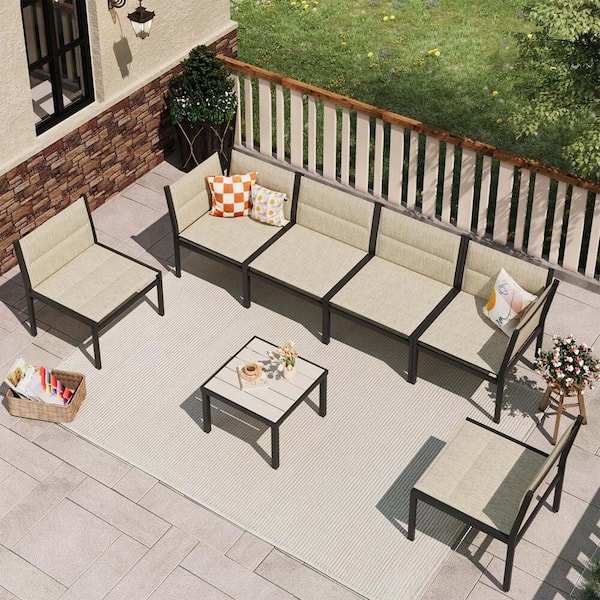 Zeus & Ruta 7-Piece Black Aluminum Outdoor Patio Conversation Set with 1-Square Coffee Table in Yellow
