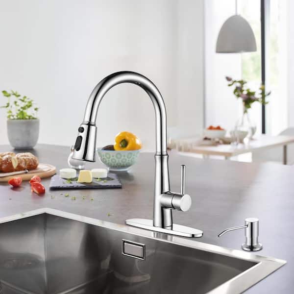 Single-Handle Pull Down Sprayer Kitchen Faucet Soap Dispenser Stainless Steel in Chrome