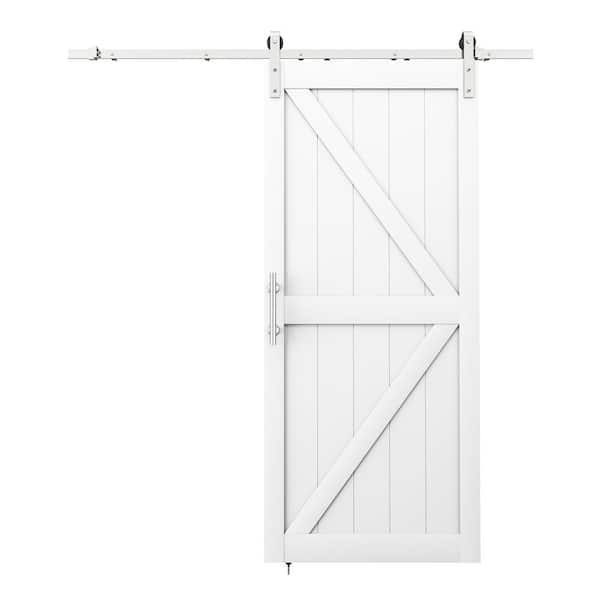 30 in. x 84 in. Paneled White Primed MDF K Shape Sliding Barn Door Slab with Hardware Kit